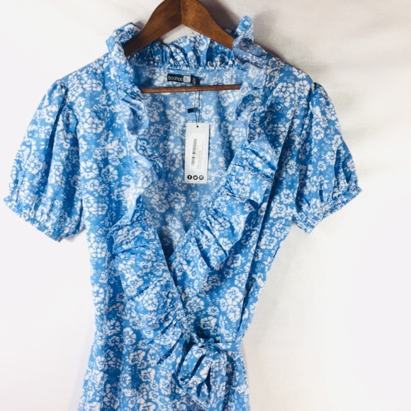 Boohoo Tall Floral Ruffle Wrap Puff Midi Dress - Picture 7 of 8